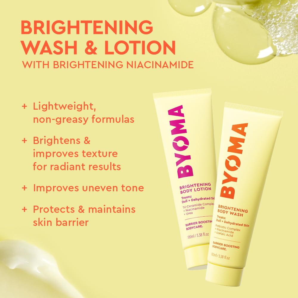 BYOMA loción de cuerpo brillante, hidratación inmediata y luminosidad suave.