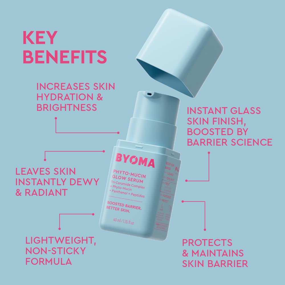 BYOMA Phyto-Mucin Glow Serum, textura ligera, mejora elasticidad y suavidad de la piel.