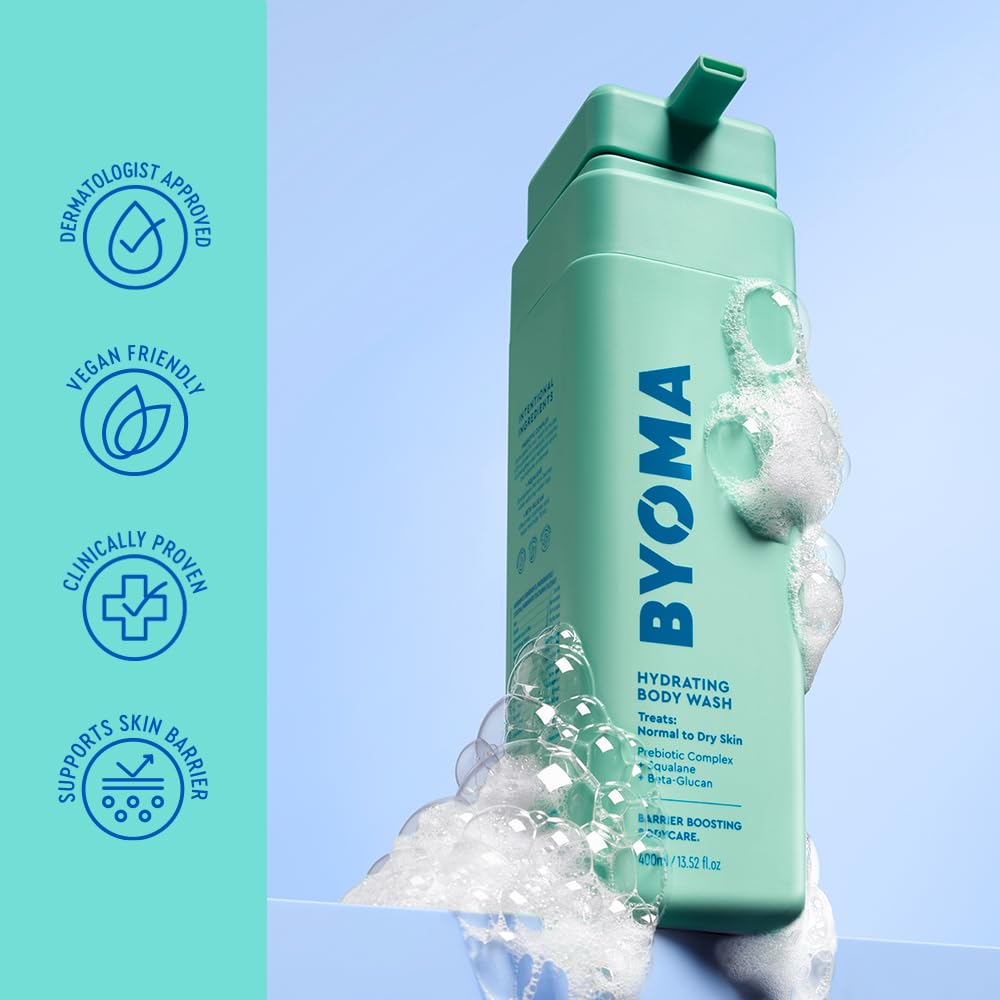 BYOMA lavado con complejo prebiótico, cuida el microbioma en la ducha.