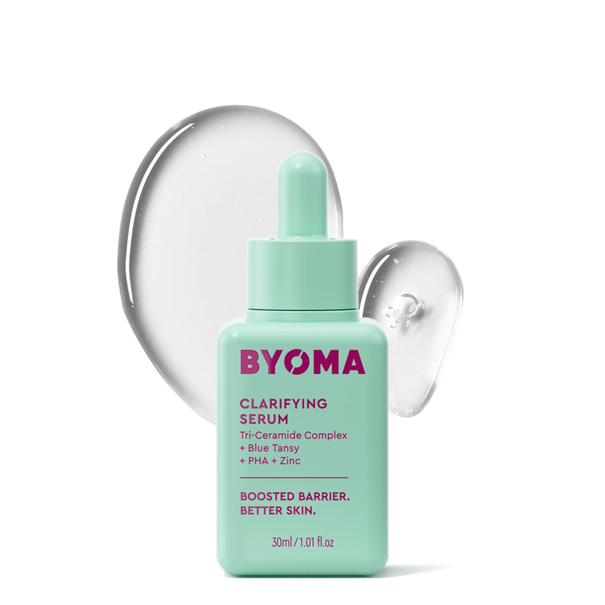 BYOMA suero aclarante, botella en primer plano para piel equilibrada.