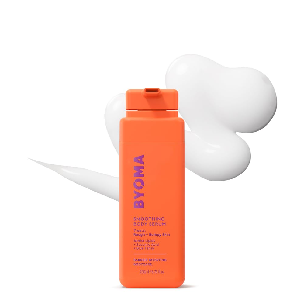 BYOMA Smoothing Body Serum, botella visible, mejora suavidad y claridad de la piel.