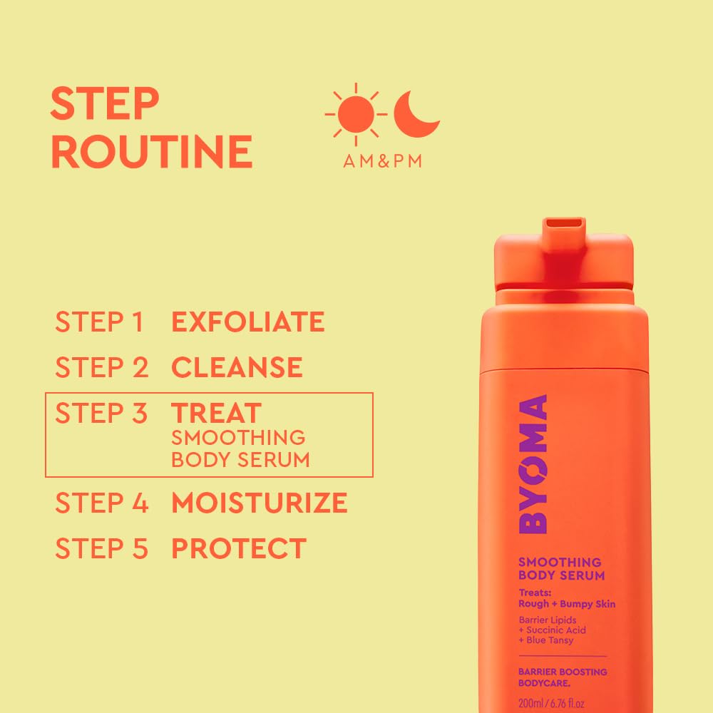 BYOMA Smoothing Body Serum, brillo sutil en piel, efecto ligero y visible.