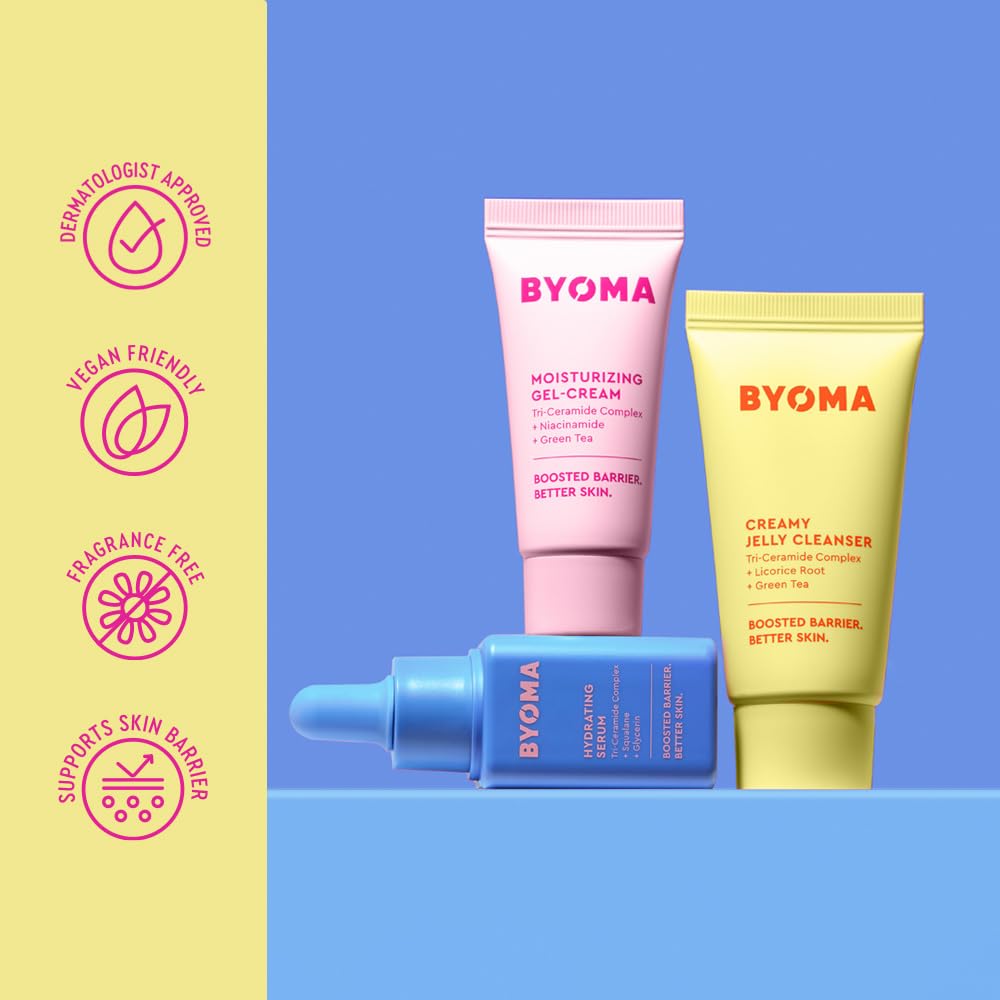 BYOMA product trio arranged for a neat daily skincare routine