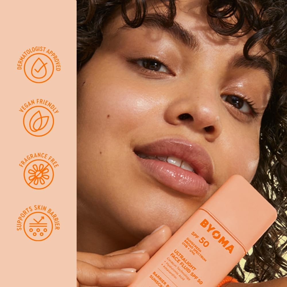 BYOMA SPF 50 Face Fluid barrier-technology illustration emphasizes barrier support