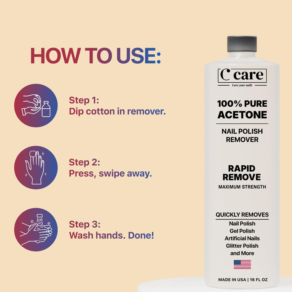 C CARE acetona para uñas, vista de producto, uso eficiente para remover esmalte.