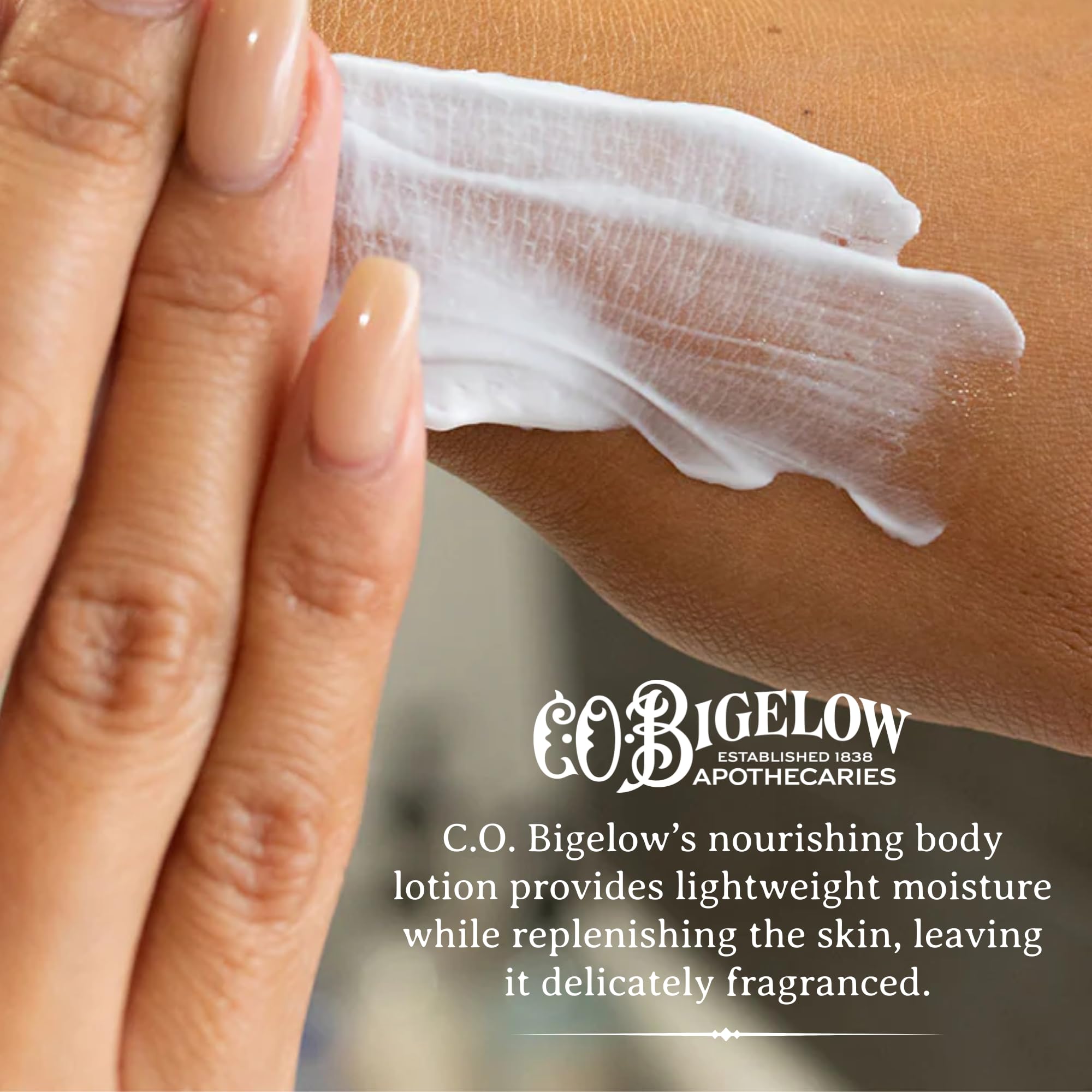 Hands apply Bergamot lotion for quick hydration and smoothing.