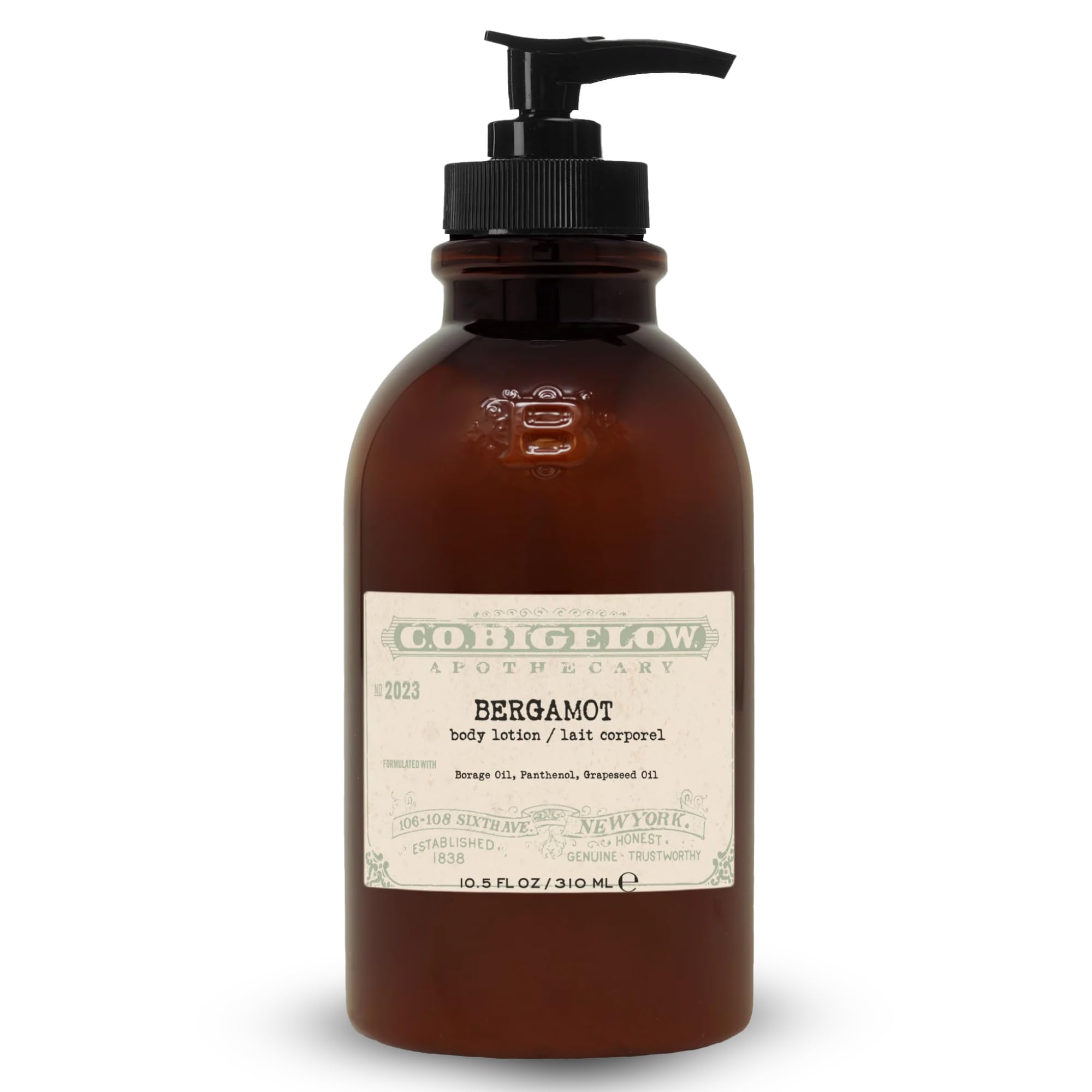 C O Bigelow Bergamot Body Lotion bottle highlights lightweight, fast absorbing moisture.