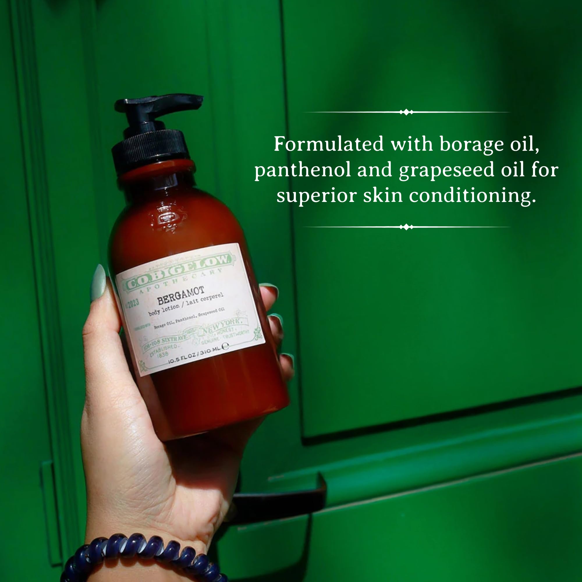 C O Bigelow Bergamot Body Lotion ingredients graphic highlights shea butter and plant oils.