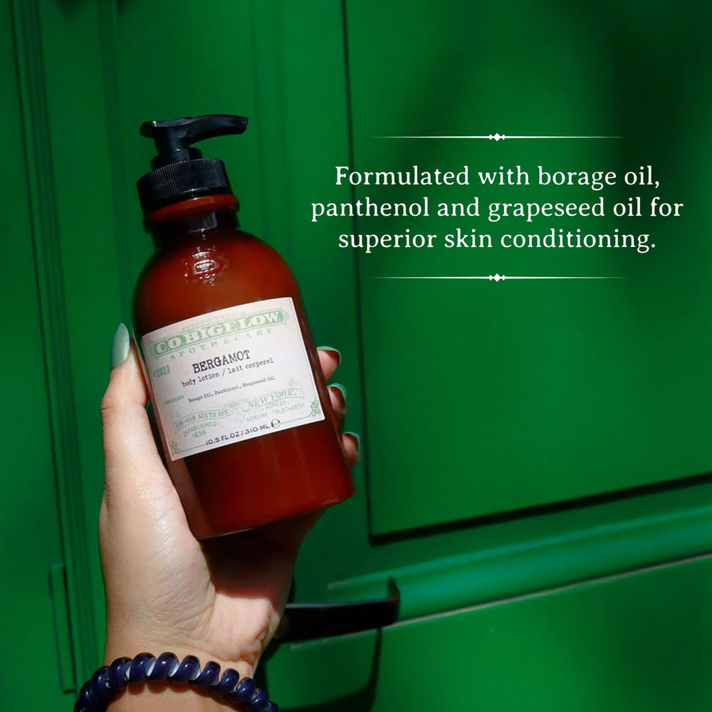 C O Bigelow Bergamot Body Lotion ingredients graphic highlights shea butter and plant oils.