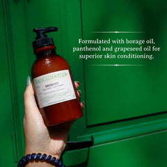 C O Bigelow Bergamot Body Lotion ingredients graphic highlights shea butter and plant oils.