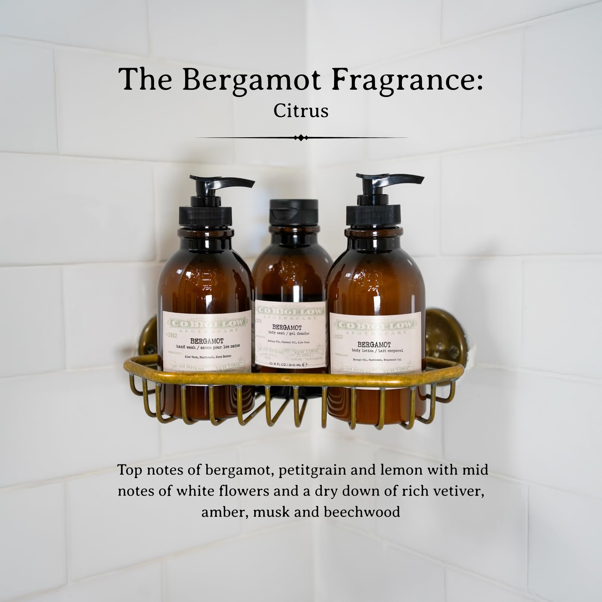 Dispenser de Bergamot de C. O. Bigelow para uso diario en baño o cocina.