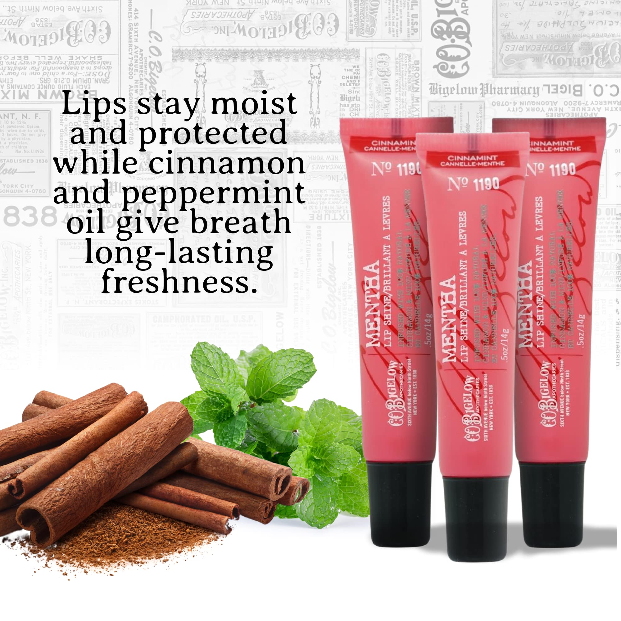C.O. Bigelow cinnamint lip shine on lips shows glossy, moisturized look