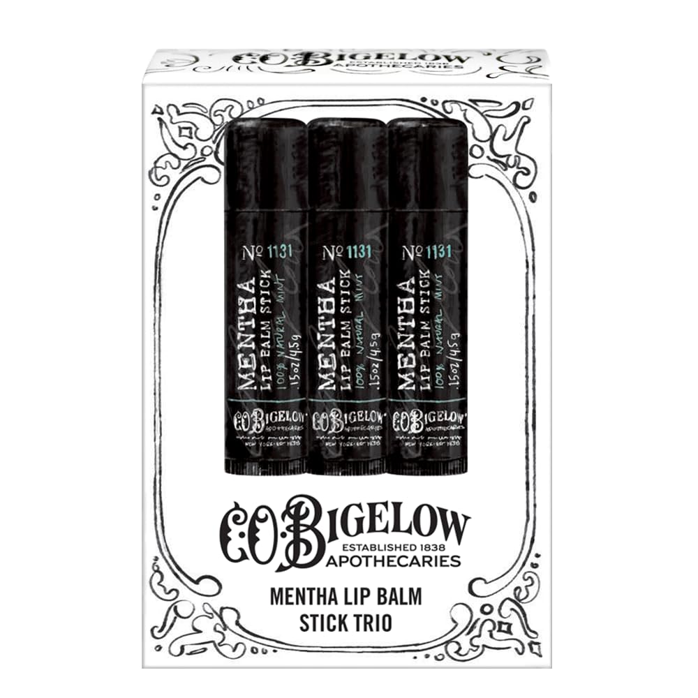 C.O. Bigelow Mentha Lip Balm Stick on desk keeps lips soft during long work sessions.