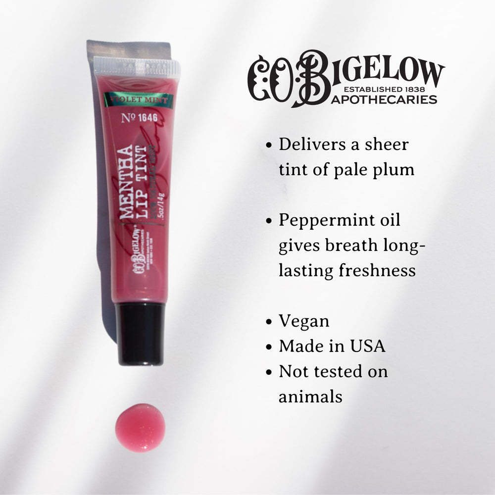 C.O. Bigelow Plum Mentha Lip Tint travel-friendly trio fits bag or desk.