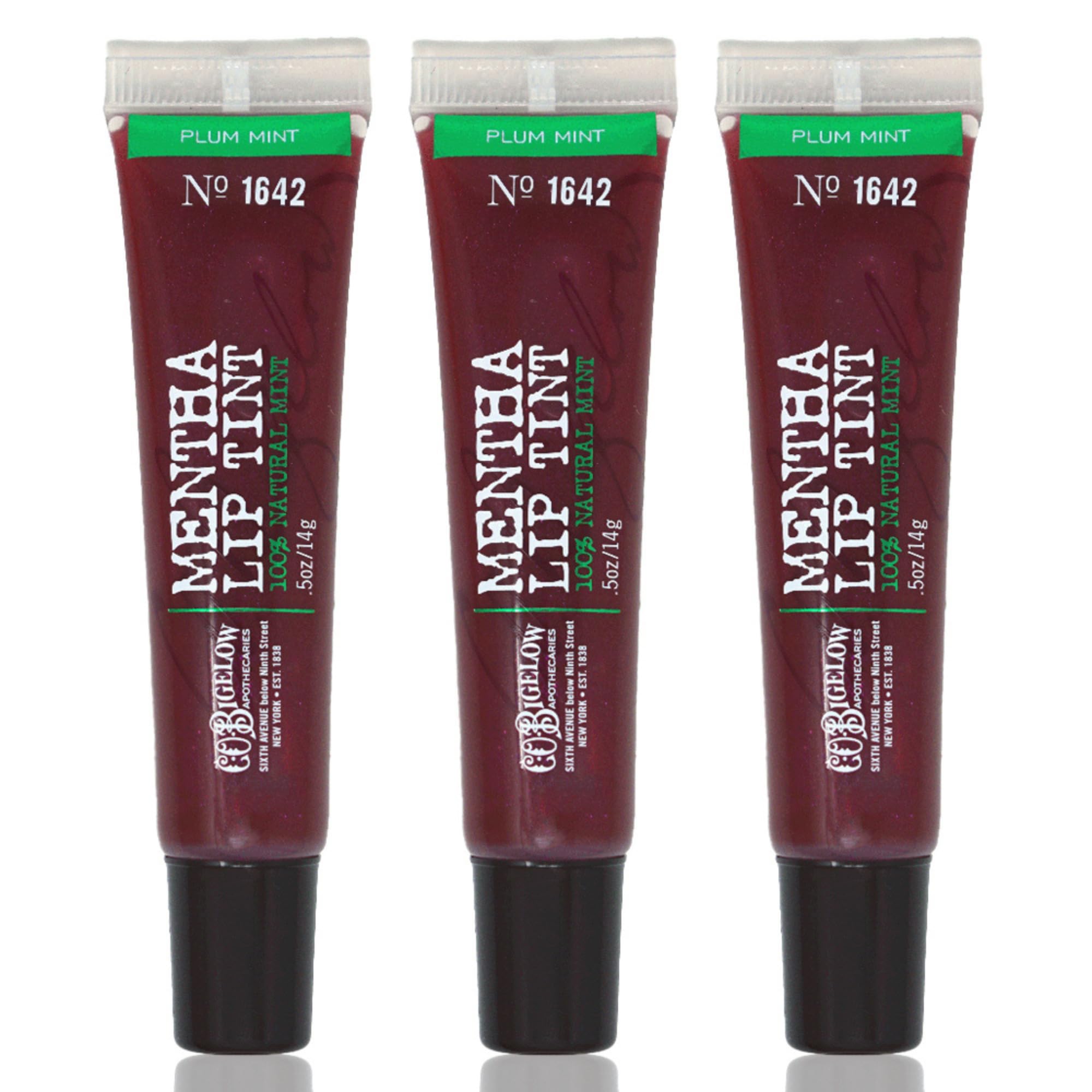 C.O. Bigelow Plum Mentha Lip Tint Trio packaging for on-the-go lip hydration and color.