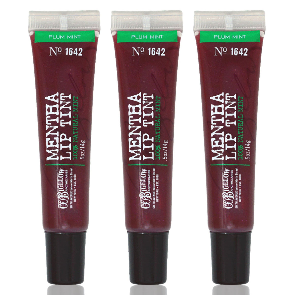 C.O. Bigelow Plum Mentha Lip Tint Trio packaging for on-the-go lip hydration and color.