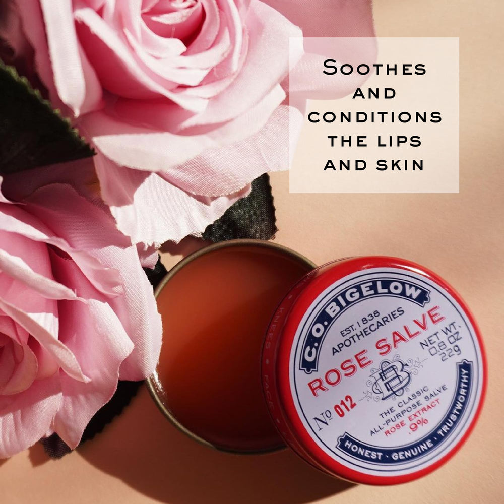C.O. Bigelow Rose Salve on desk for quick moisture.