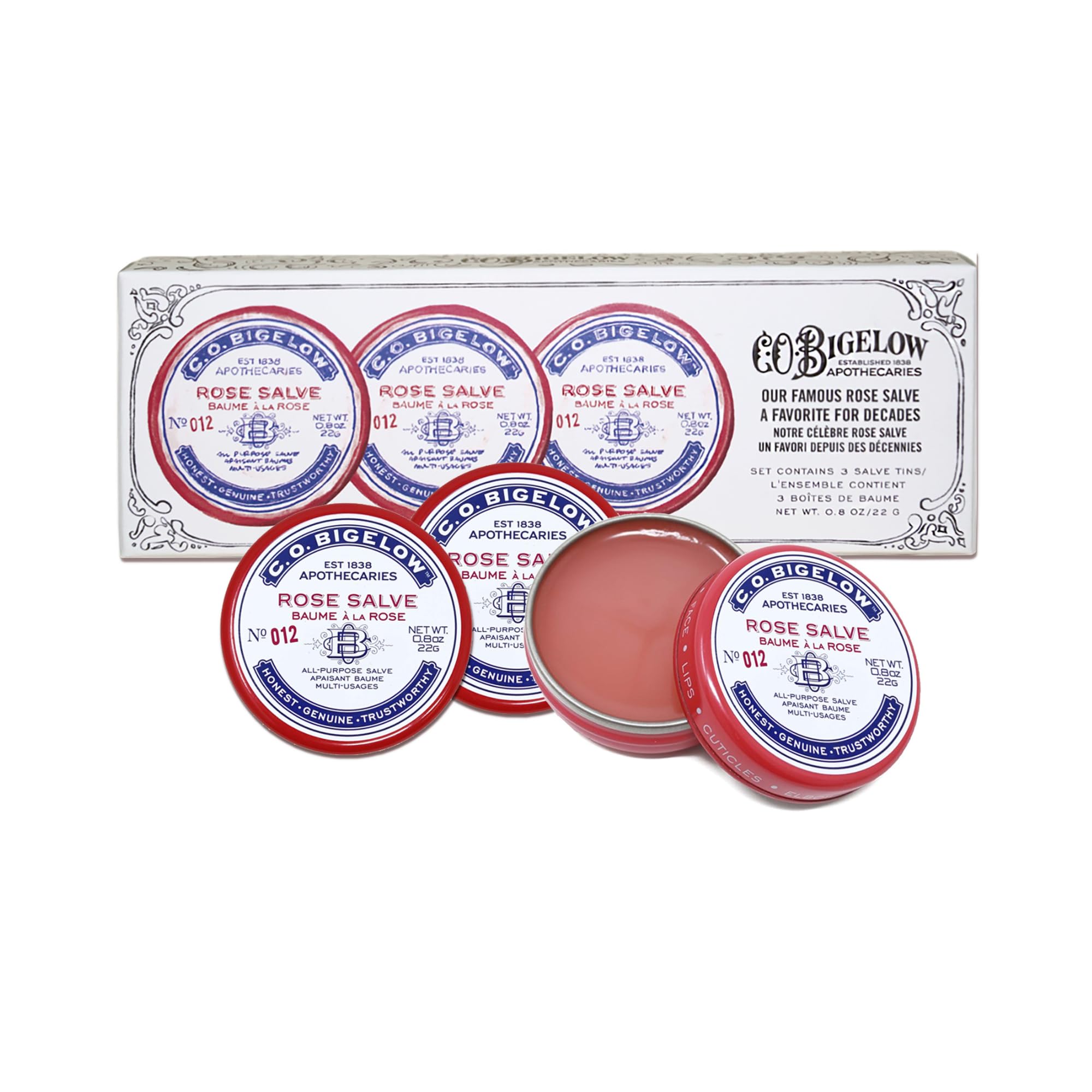 Close-up of C.O. Bigelow Rose Salve tin with subtle rose fragrance.