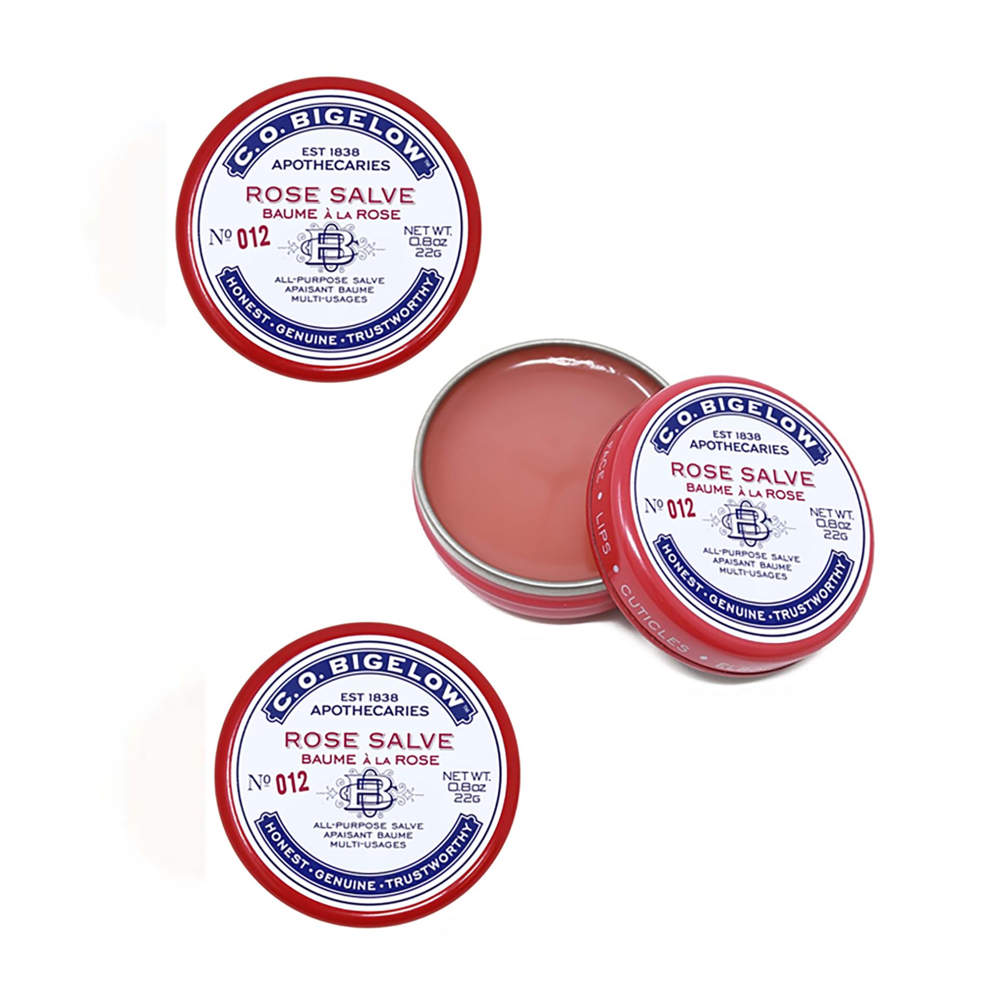 C.O. Bigelow Rose Salve tins three-pack for lips and dry skin hydration.