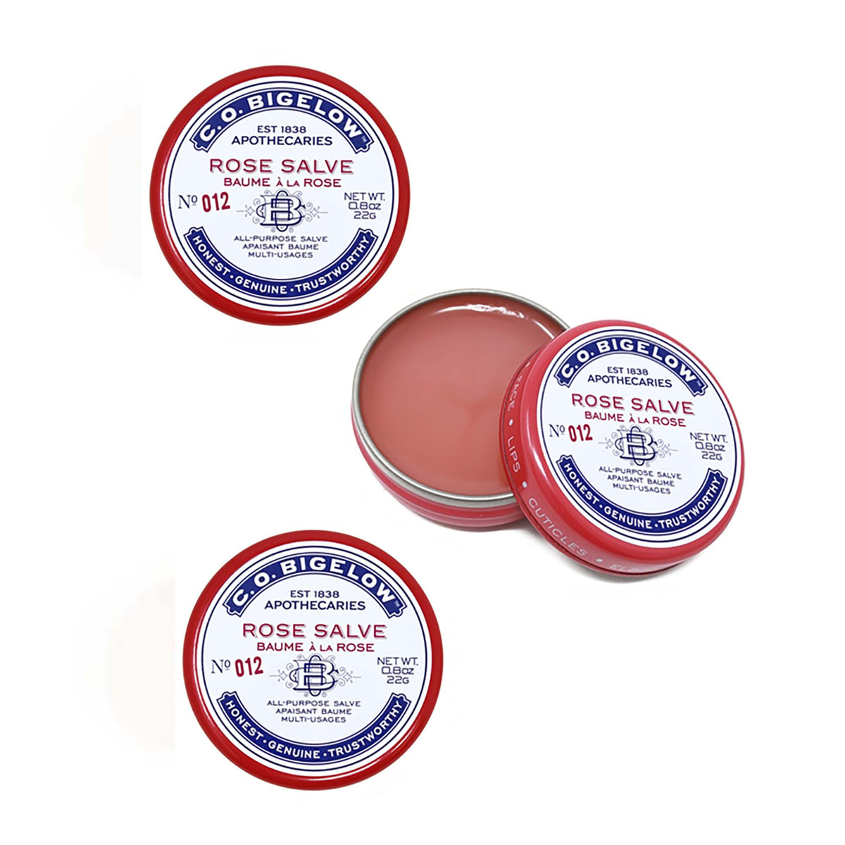C.O. Bigelow Rose Salve tins three-pack for lips and dry skin hydration.