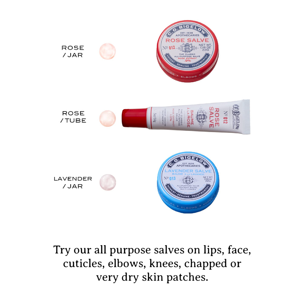 C.O. Bigelow Rose Salve Tubes for elbows, knees, and dry skin areas.