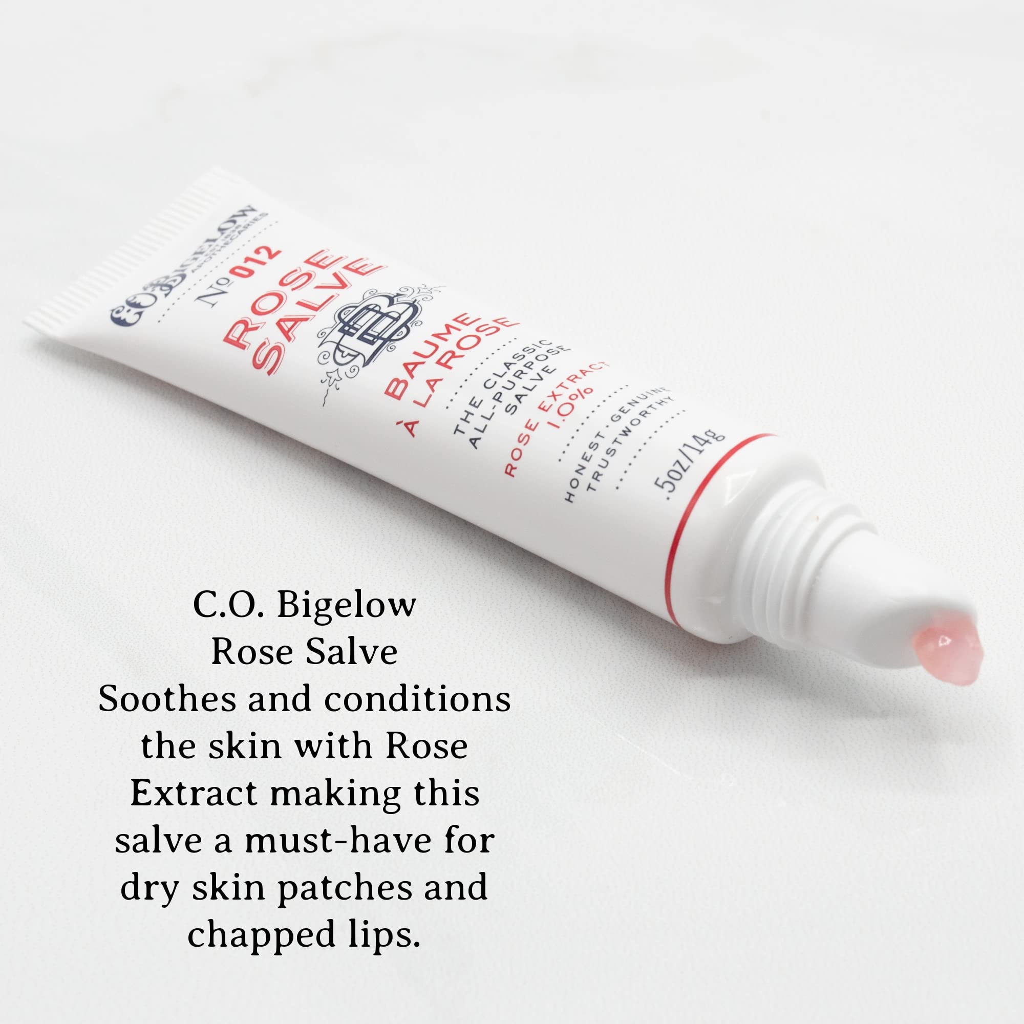 C.O. Bigelow Rose Salve Tubes in bag for travel-friendly moisture on the go.