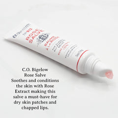 C.O. Bigelow Rose Salve Tubes in bag for travel-friendly moisture on the go.