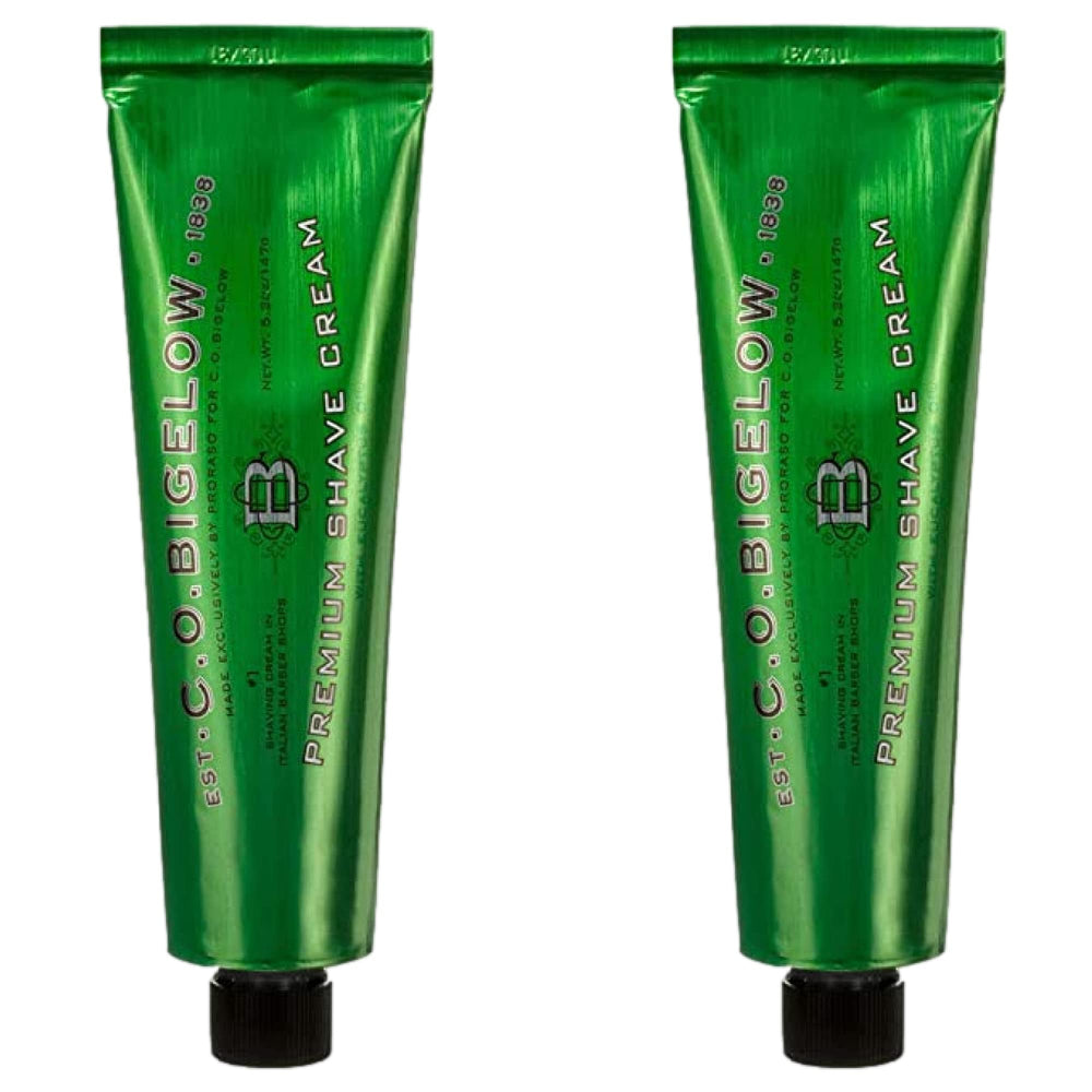 C.O. Bigelow shaving cream double-pack bottle ready for use, offering extended grooming sessions
