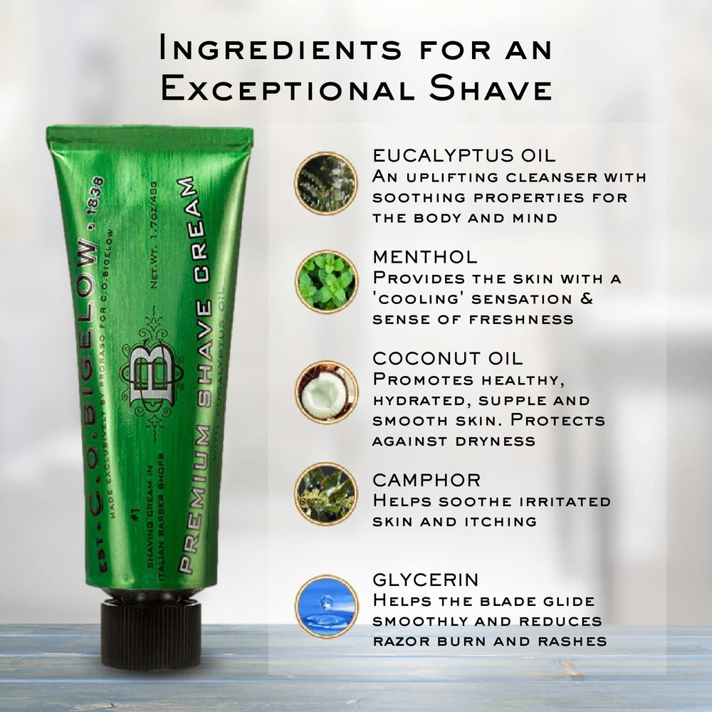 C.O. Bigelow Travel Shaving Cream bottle label detail with natural ingredient highlights