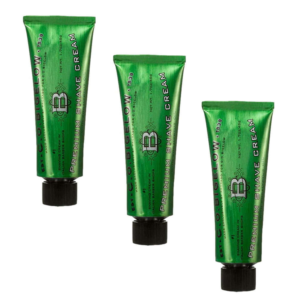 C.O. Bigelow Travel Shaving Cream 3-pack tube closeup highlights sensitive-skin friendly formula