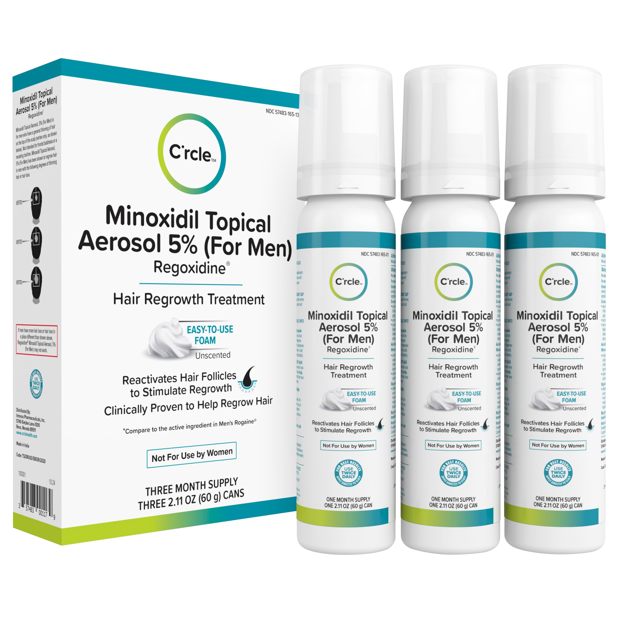 C'rcle Minoxidil 5% Foam bottle with unscented formula for daily use.