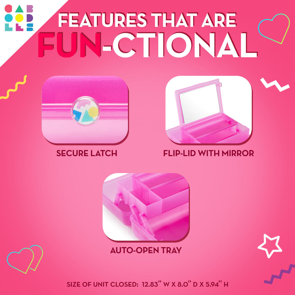 Caboodles On-The-Go Girl deep pink sparkle finish adds retro charm for everyday use.