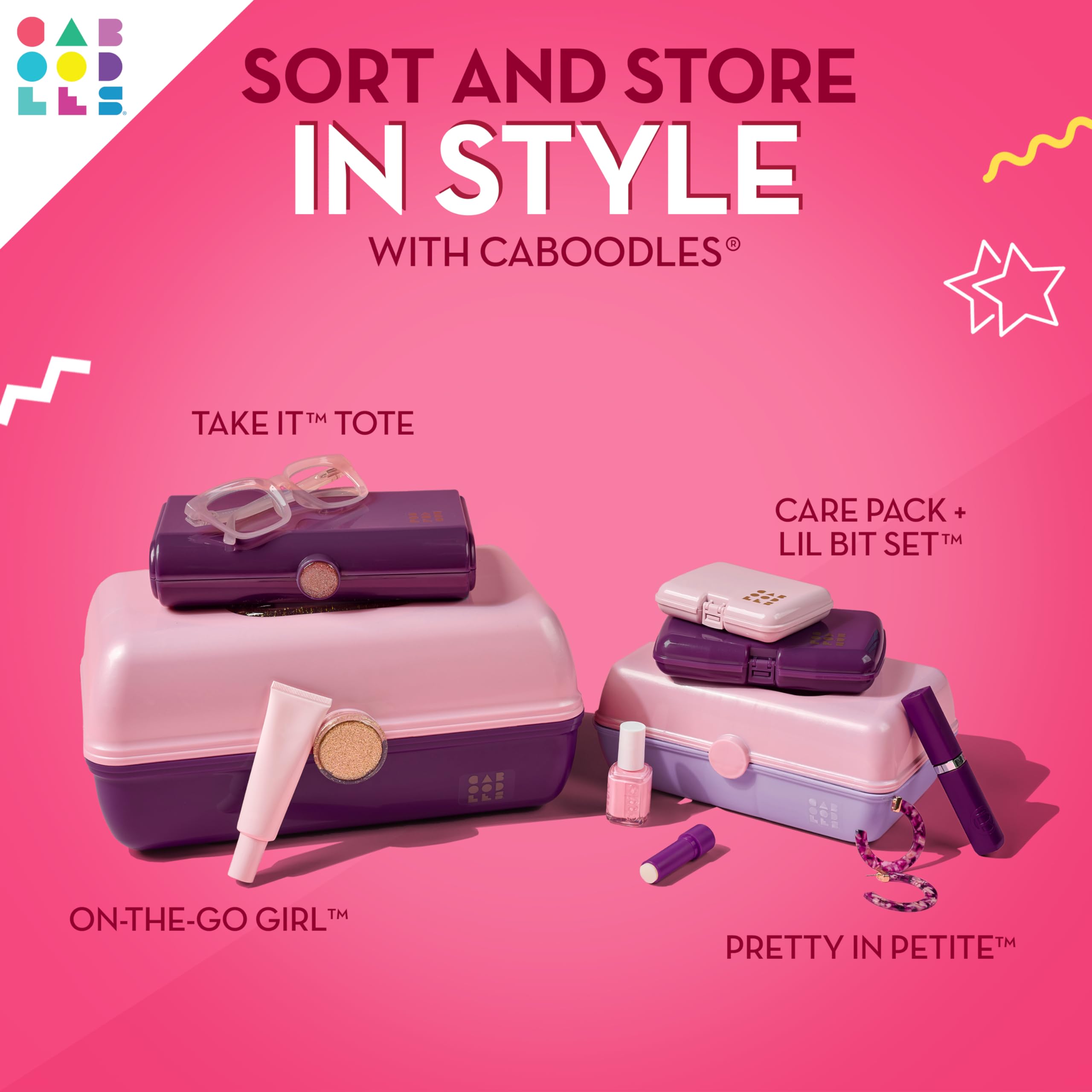 Caboodles On-The-Go Girl interior with divided top tray for organizing small items.
