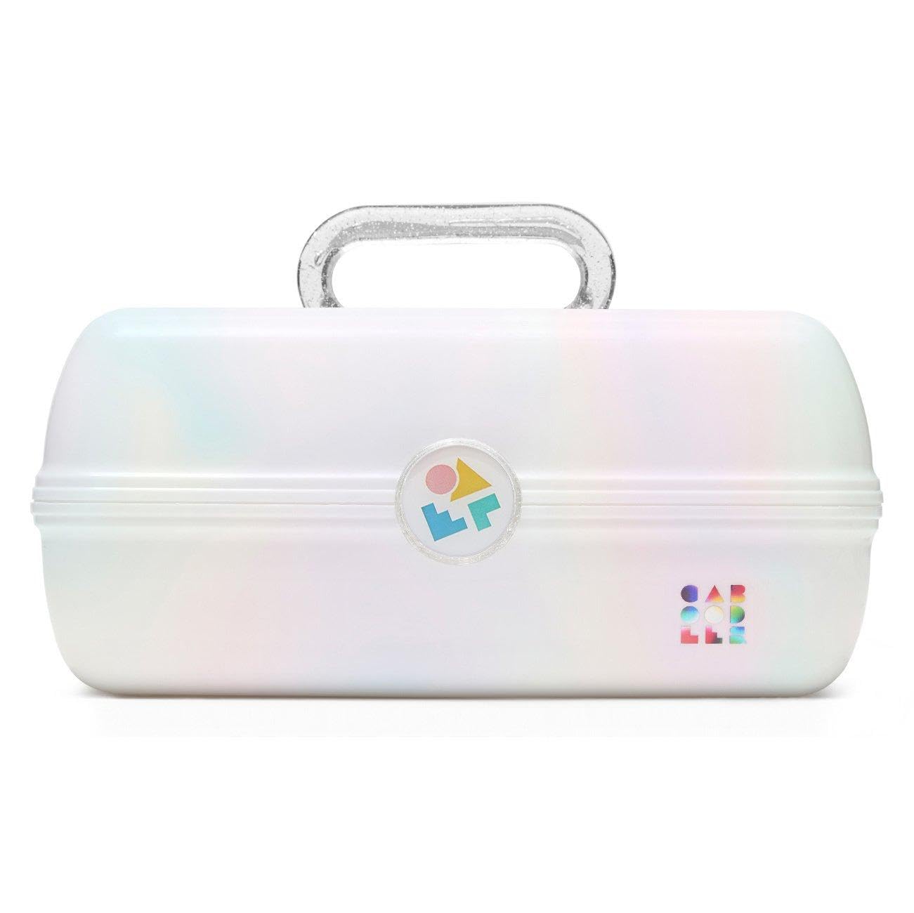 Caboodles On-The-Go Girl makeup box front view with built-in mirror for travel touch-ups.