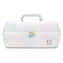 Caboodles On-The-Go Girl makeup box front view with built-in mirror for travel touch-ups.