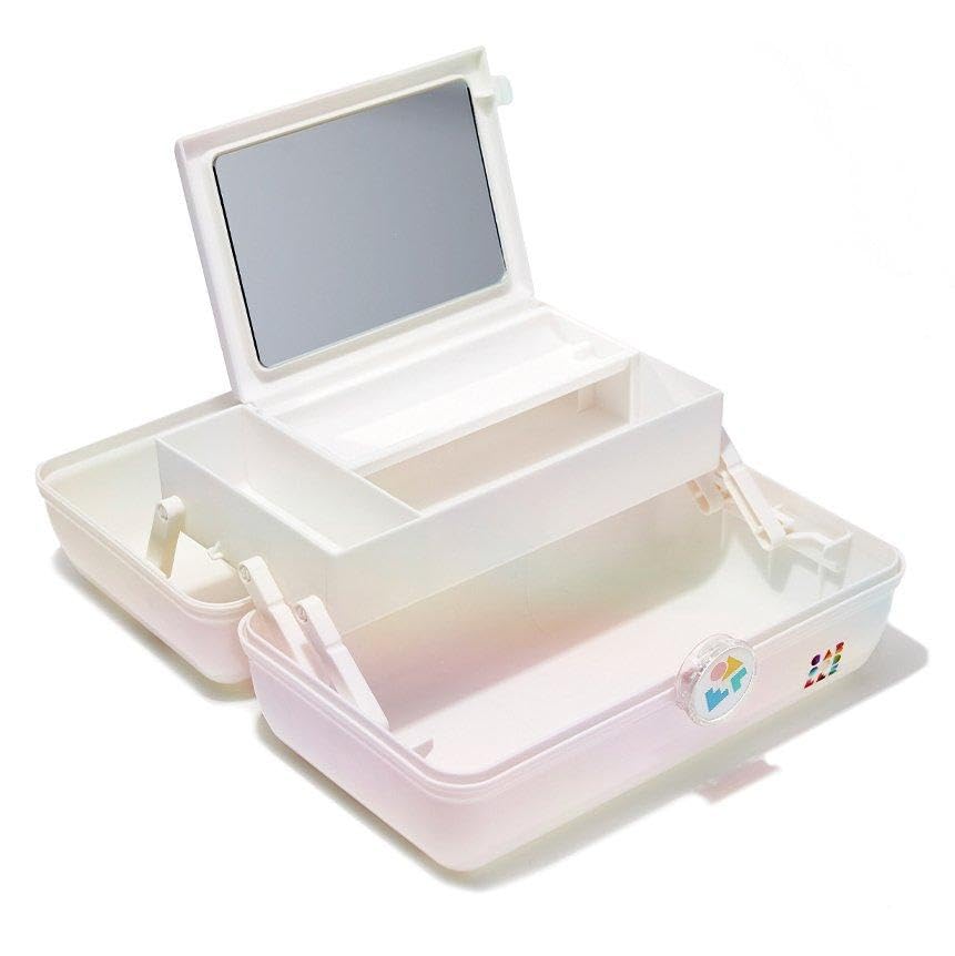 Caboodles On-The-Go Girl opened tray shows organized compartments for essentials.