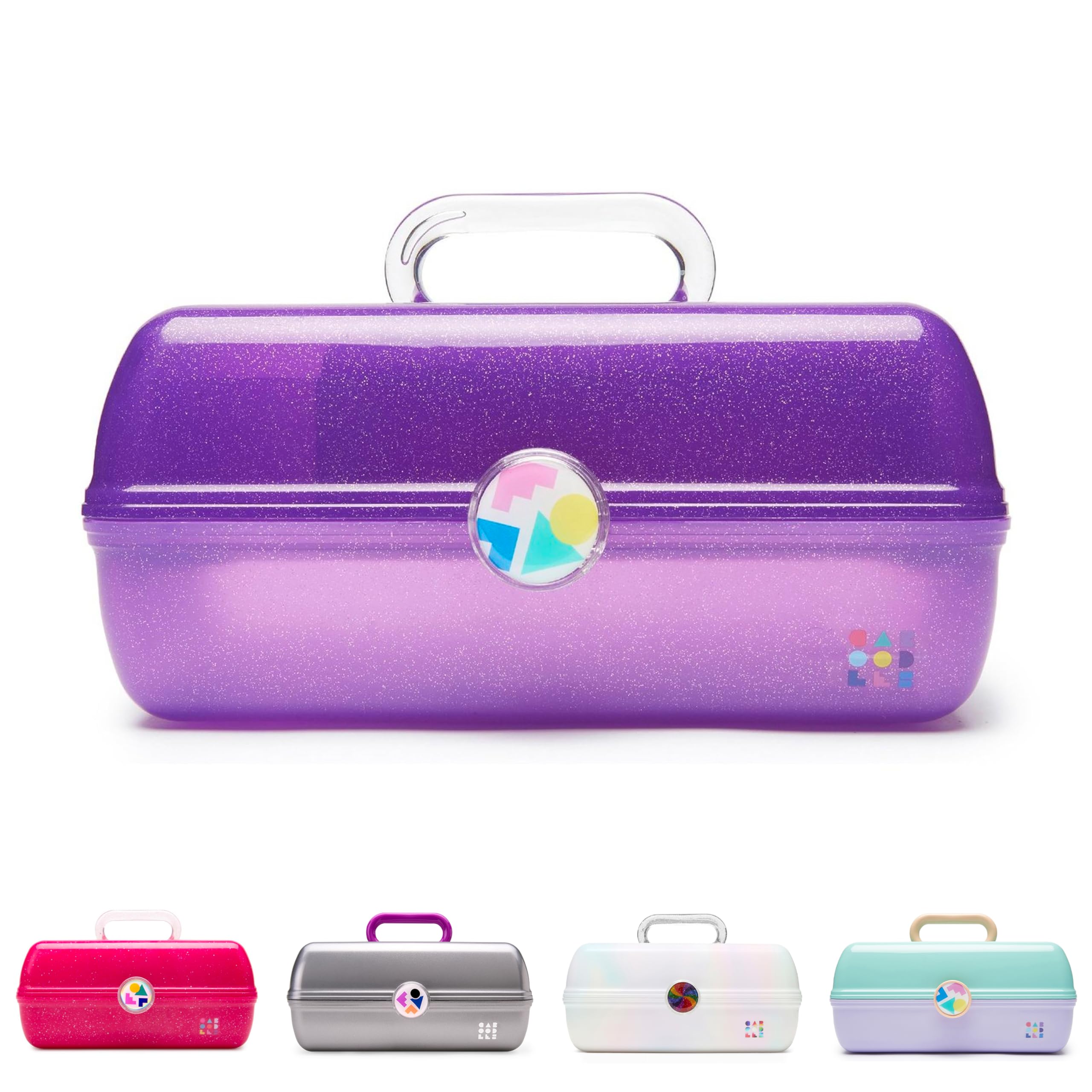 Caboodles On-The-Go Girl makeup box in purple sparkle front view for portable organization