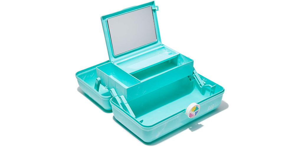 Caboodles On-The-Go Girl makeup box secure latch supports safe travel.