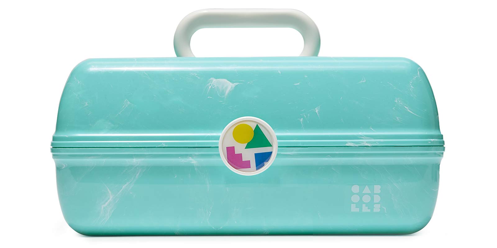 Caboodles On-The-Go Girl makeup box top tray and mirror for easy access on the go.