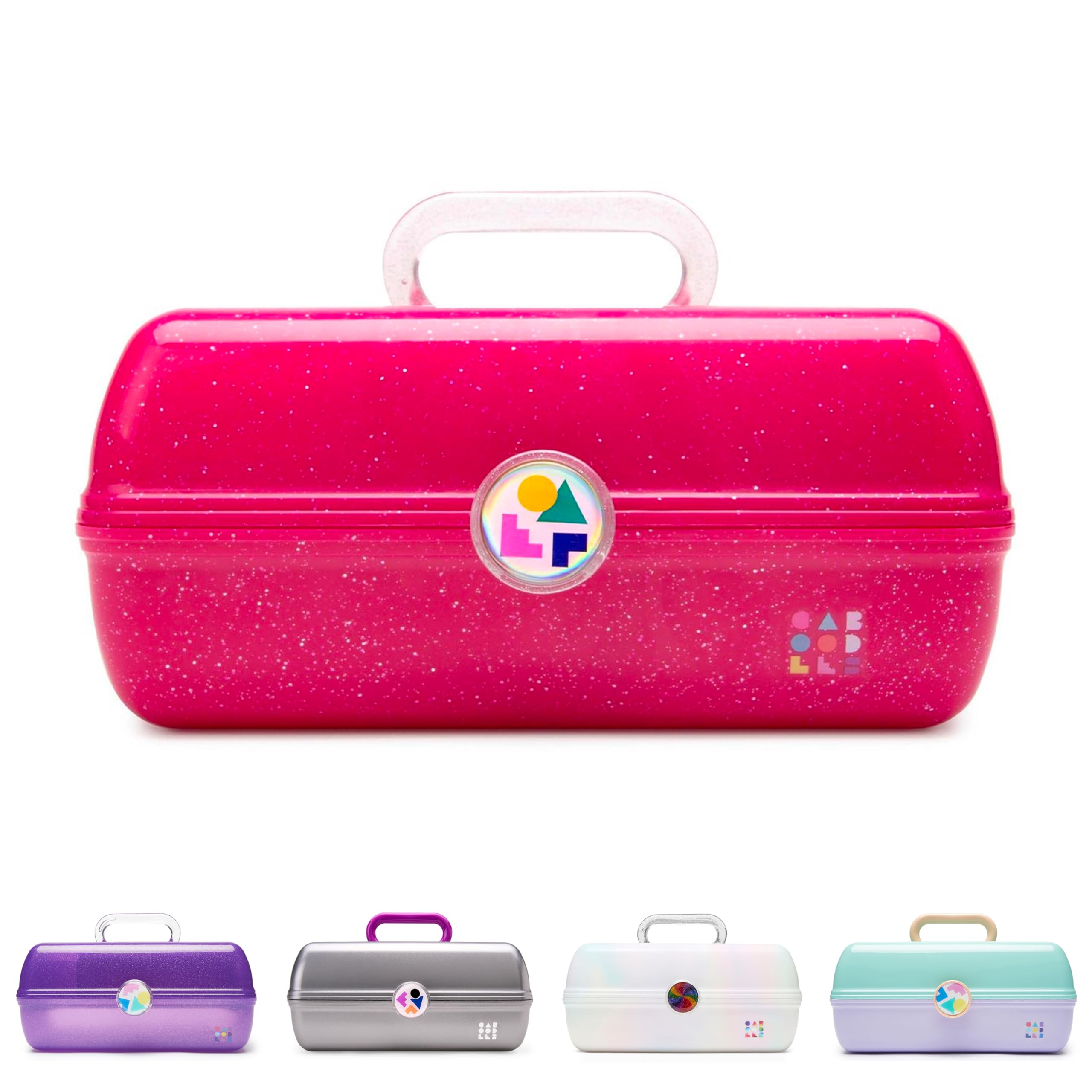 Caboodles On-The-Go Girl makeup box top view with auto-open tray and mirror for quick access.