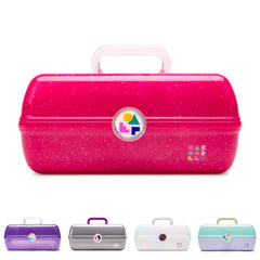 Caboodles On-The-Go Girl makeup box top view with auto-open tray and mirror for quick access.