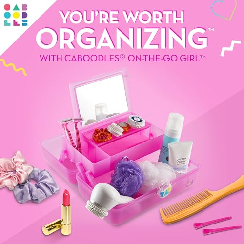 Caboodles On-The-Go Girl open tray shows divided compartments for small items.