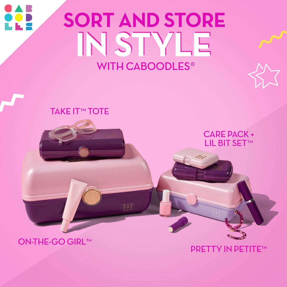 Caboodles On-The-Go Girl travel-ready case fits in backpacks or suitcases.