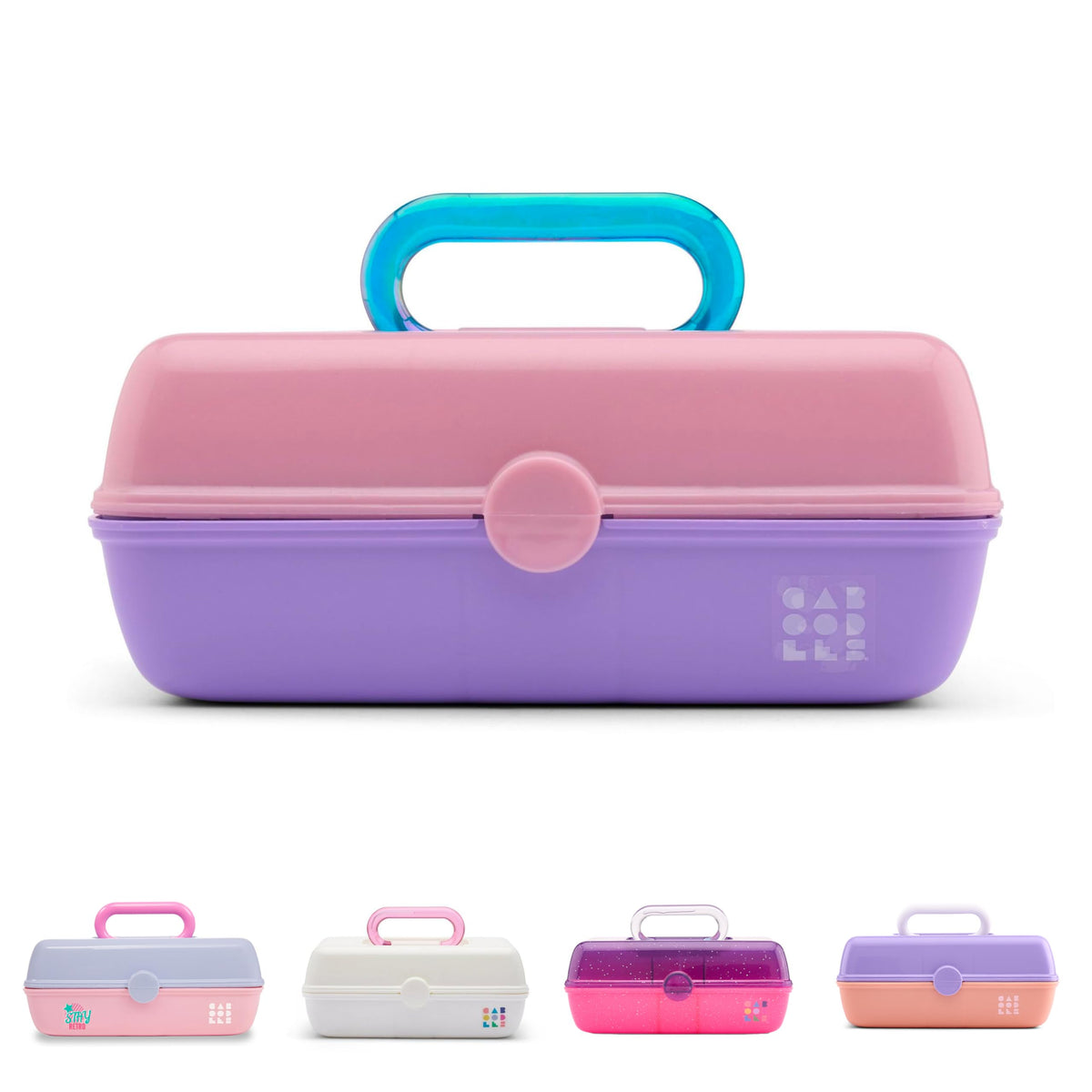 Caboodles Pretty in Petite case front view shows two-tone pink and lavender for portable style.