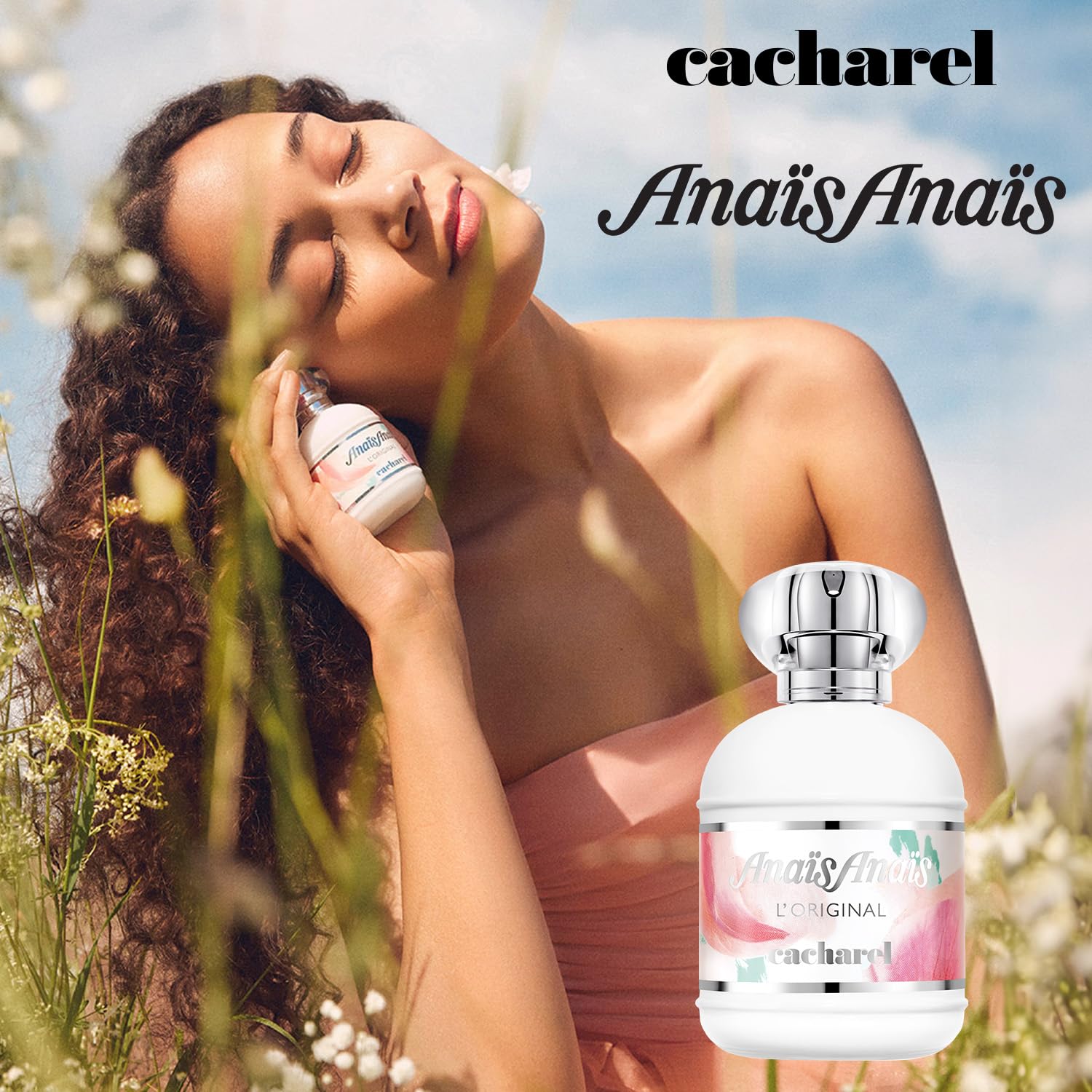 Cacharel Anais Anais bottle with a silver cap reflecting vintage perfume packaging