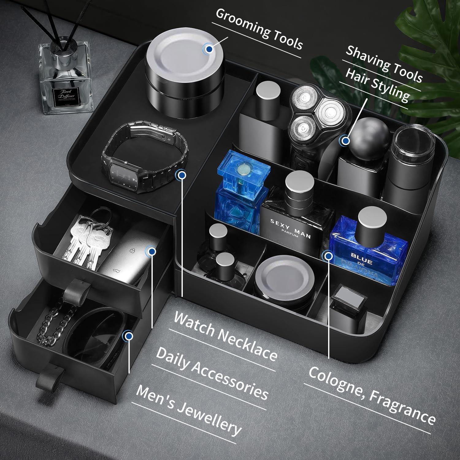 CADRSLES Cologne Organizer seven-compartment design on compact vanity