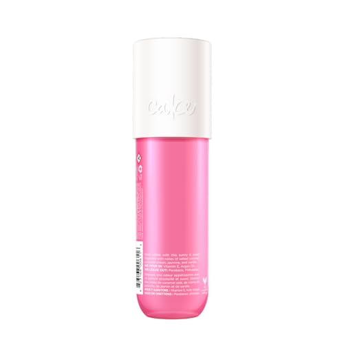 Cake Beauty aloe-argan bottle close-up highlighting nourishing, non-sticky formula for skin and hair.