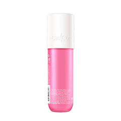 Cake Beauty aloe-argan bottle close-up highlighting nourishing, non-sticky formula for skin and hair.
