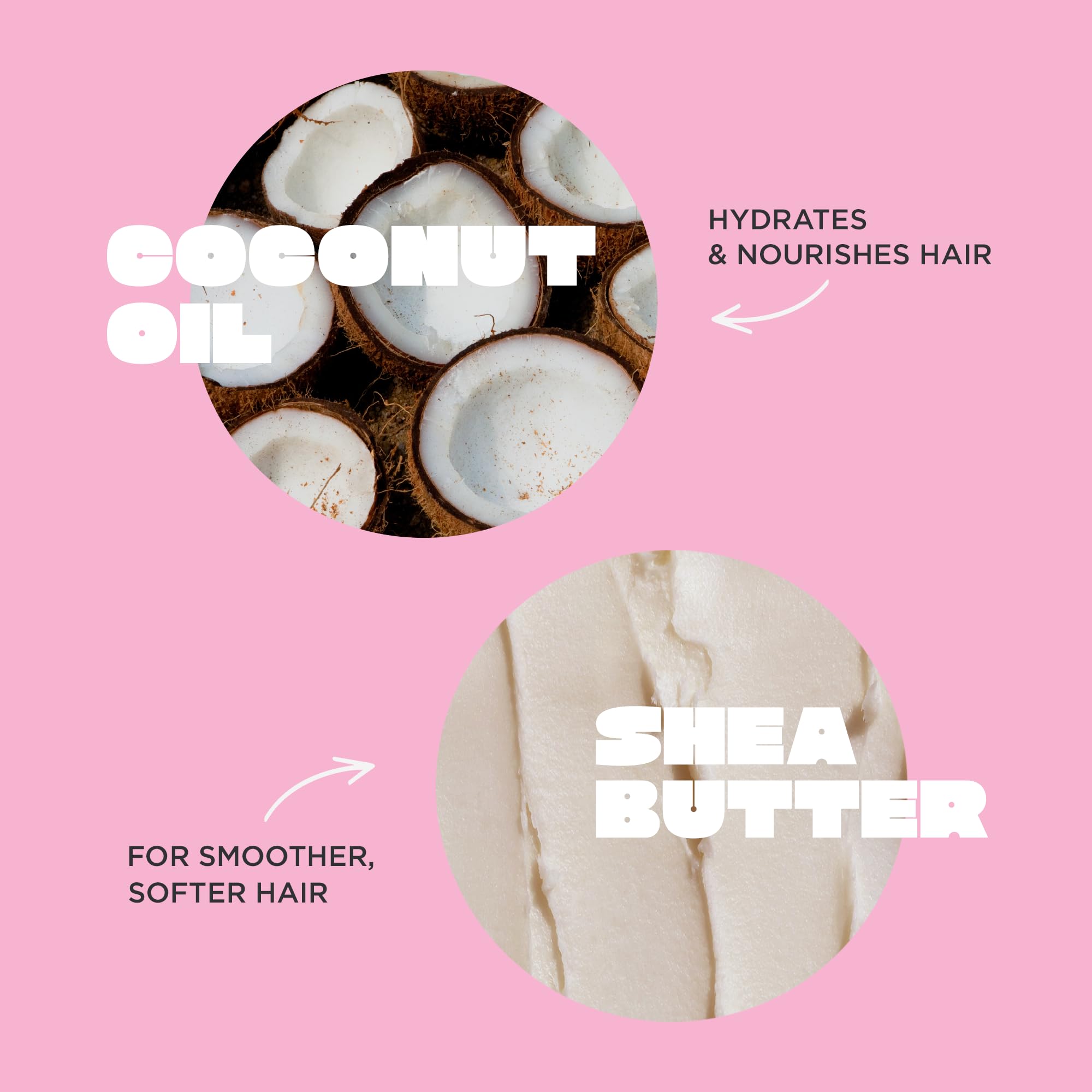 Ingredientes naturales como manteca de karité y aceite de coco.