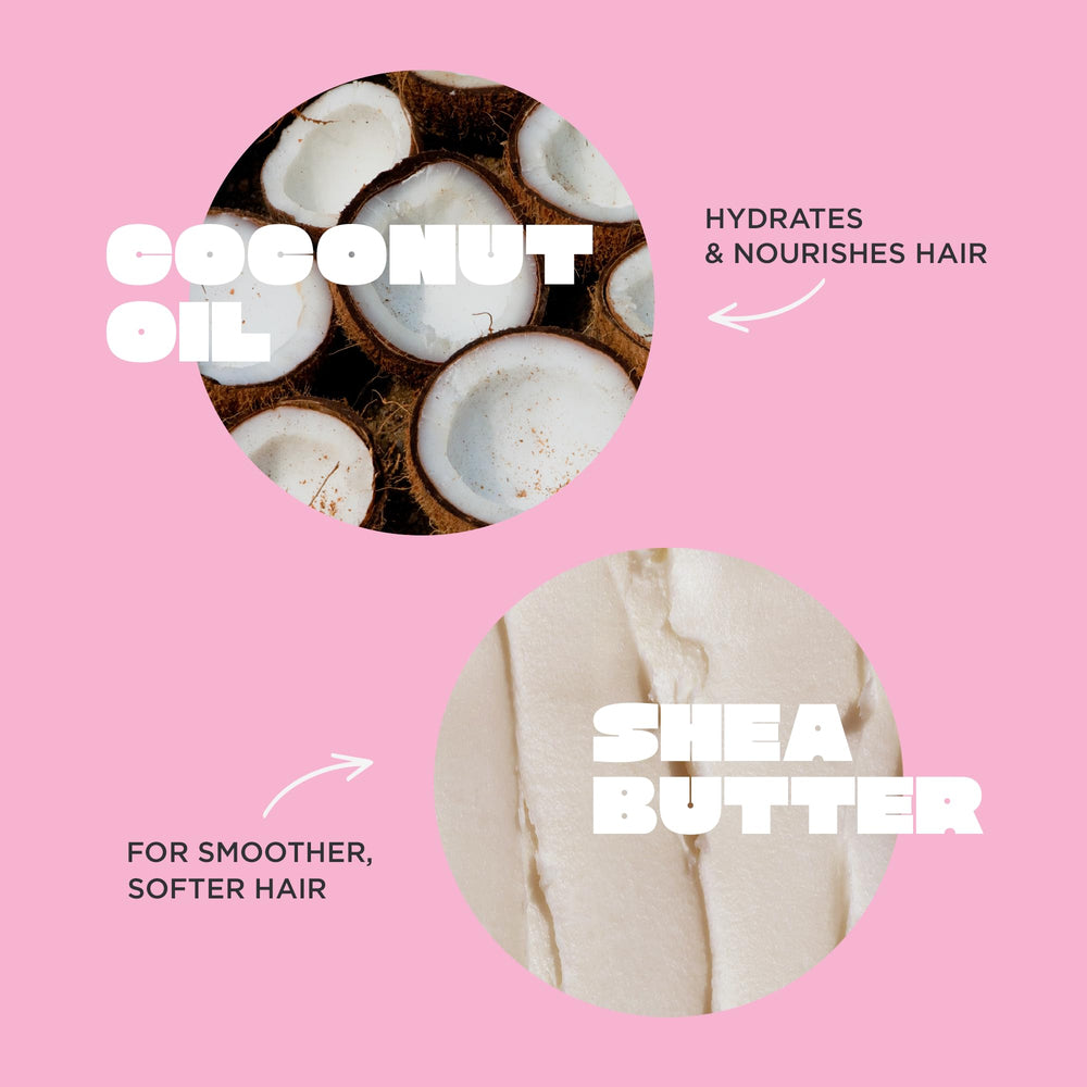 Ingredientes naturales como manteca de karité y aceite de coco.